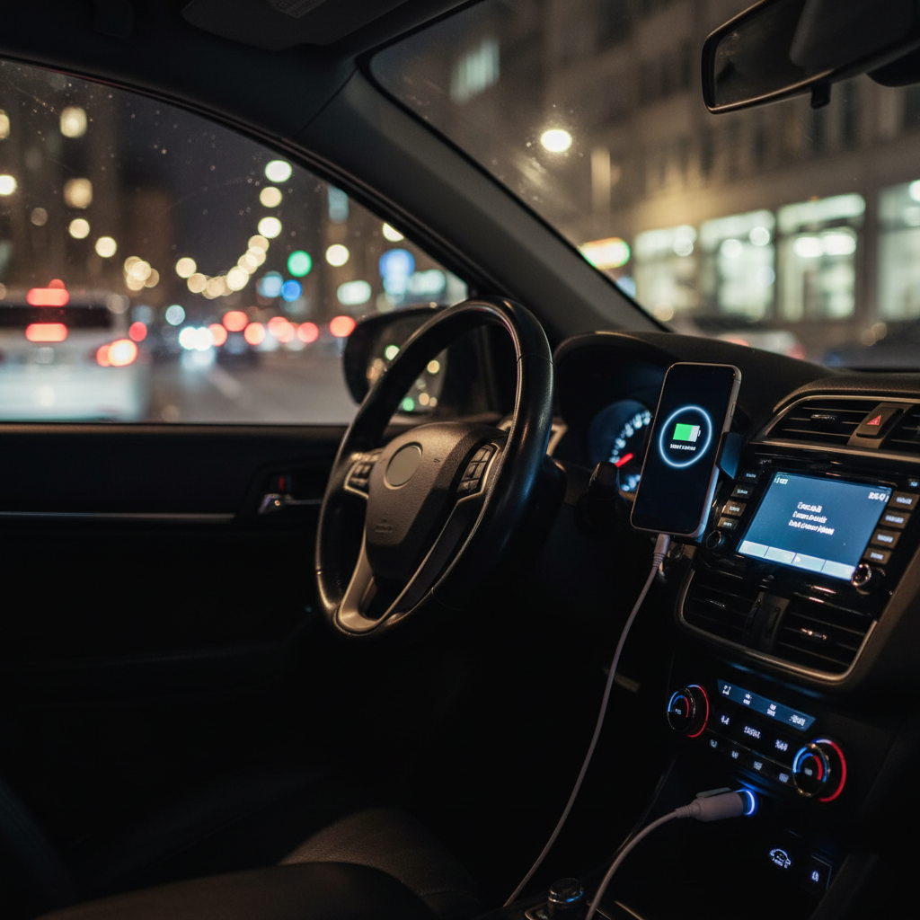 야간 운전 중 자동차 내부 시가잭에 연결된 충전기에서 스마트폰으로 연결된 고속 충전 케이블. 대시보드의 은은한 조명과 보케 효과가 어우러진 감성적인 분위기의 사진.