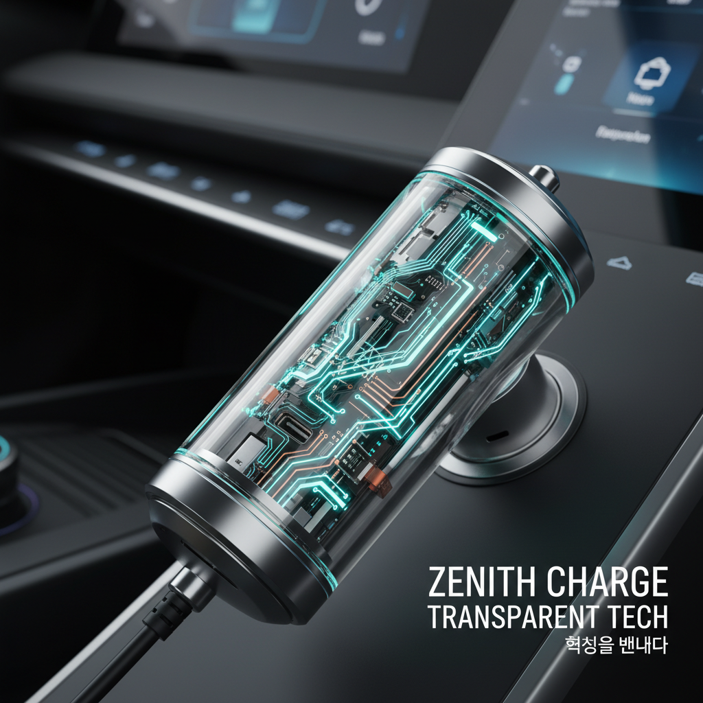 투명한 강화 유리 소재로 내부 회로 기판이 들여다보이는 혁신적인 디자인의 시가잭 충전기. 미래지향적인 테크놀로지 감성을 담은 정교한 클로즈업 샷.