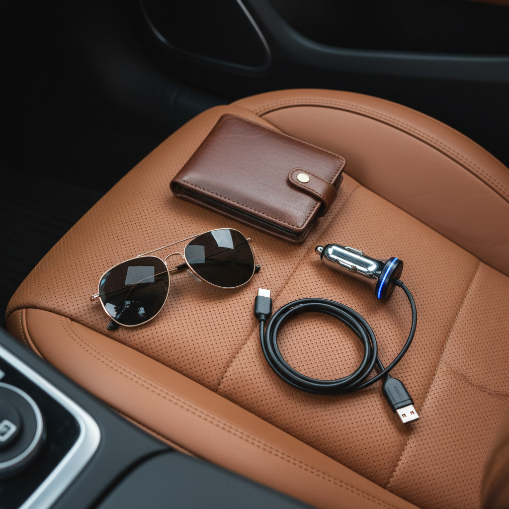 자동차 시트 위에 놓인 여행 필수품 세트: 가죽 지갑, 선글라스, 그리고 세련된 디자인의 시가잭 충전기와 릴 타입 충전 케이블이 조화롭게 배치된 상단 부감샷.