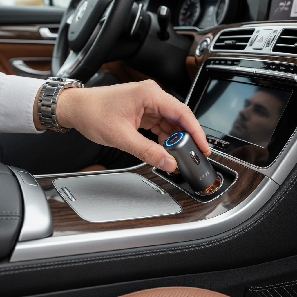 운전자의 손이 시가잭 소켓에 소형 급속 충전기를 부드럽게 꽂는 찰나의 순간을 포착한 역동적이고 선명한 고화질 이미지.