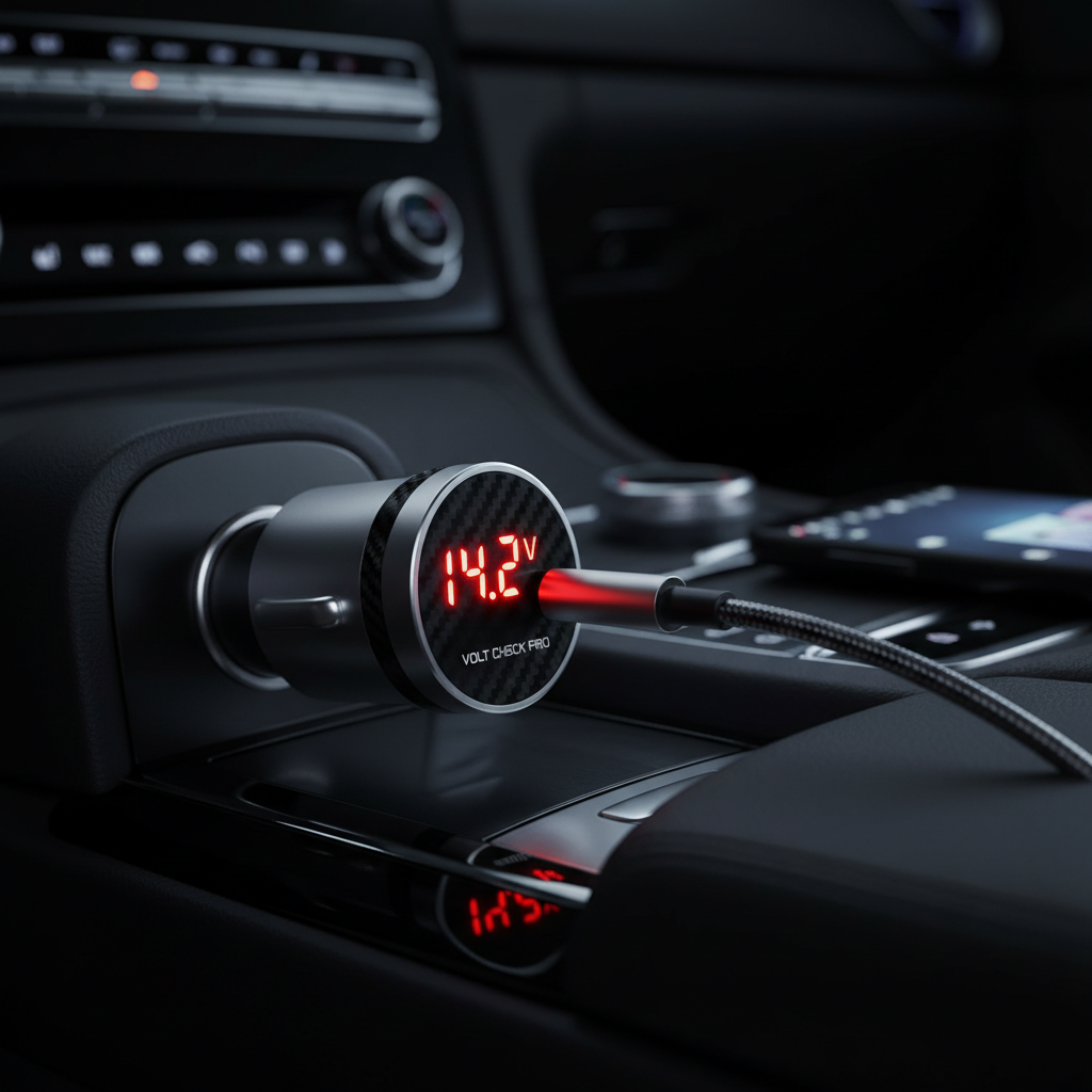 현재 차량 전압이 디지털 숫자로 표시되는 스마트 시가잭 충전기. 어두운 차량 내부에서 붉은색 LED 숫자가 선명하게 빛나는 기능성 강조 이미지.